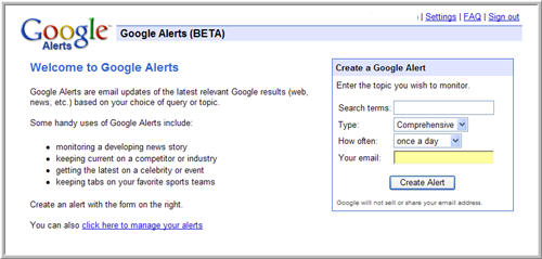 google alerts homepage